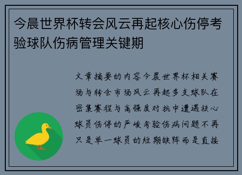 今晨世界杯转会风云再起核心伤停考验球队伤病管理关键期