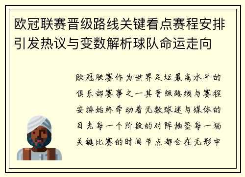 欧冠联赛晋级路线关键看点赛程安排引发热议与变数解析球队命运走向