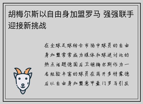 胡梅尔斯以自由身加盟罗马 强强联手迎接新挑战